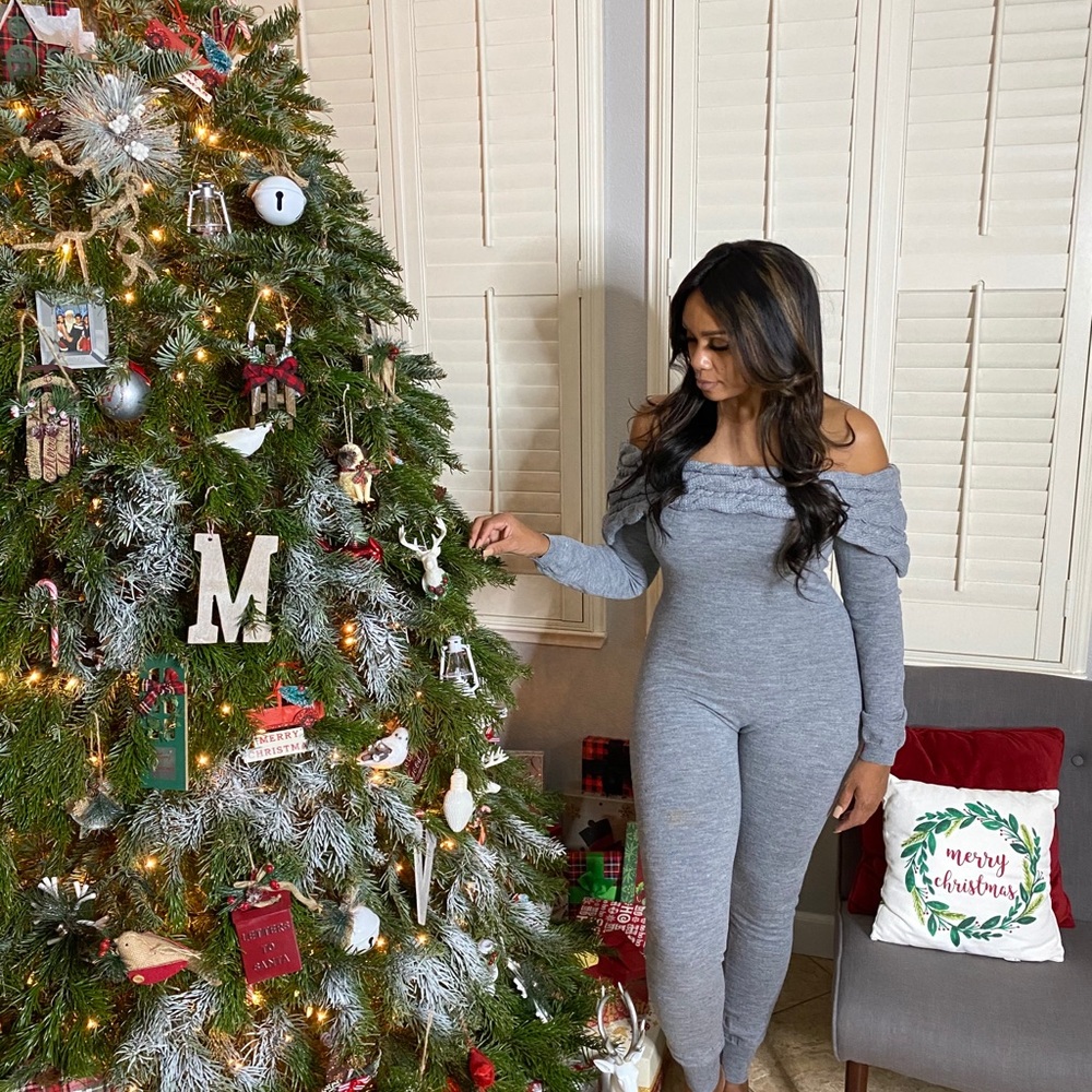 Off shoulder cable sweater jumpsuit